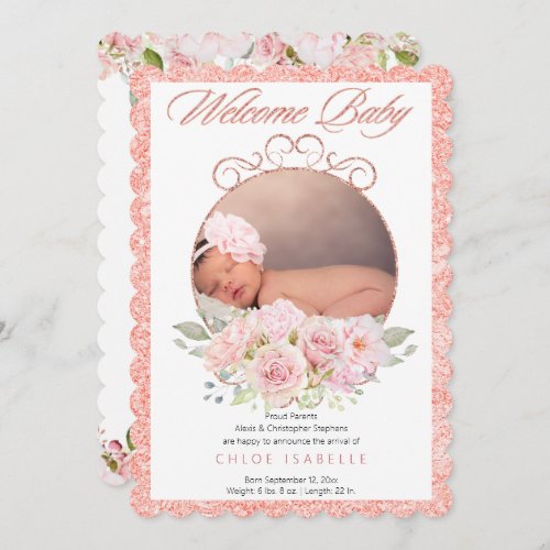 Rose Gold Floral Wreath 2 Photo Baby Girl Birth Announcement