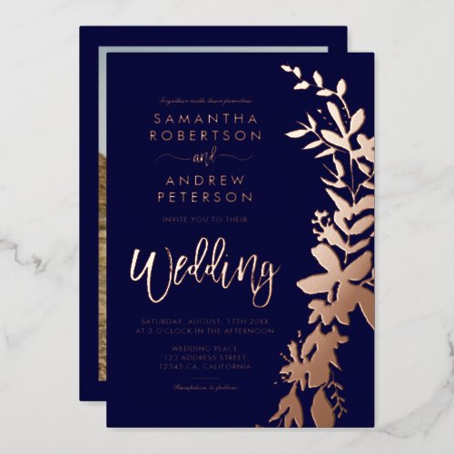 Rose gold floral wreath chic navy blue wedding foil invitation