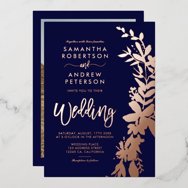 Rose gold floral wreath chic navy blue wedding foil invitation (Front/Back)