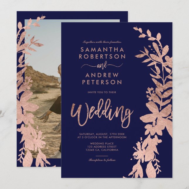 Rose gold floral wreath chic navy blue wedding invitation (Front/Back)