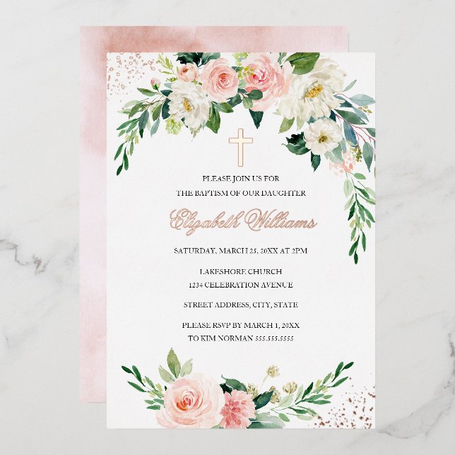 Rose Gold Floral Wreath Cross Girl Baptism  Foil Invitation (Front/Back)