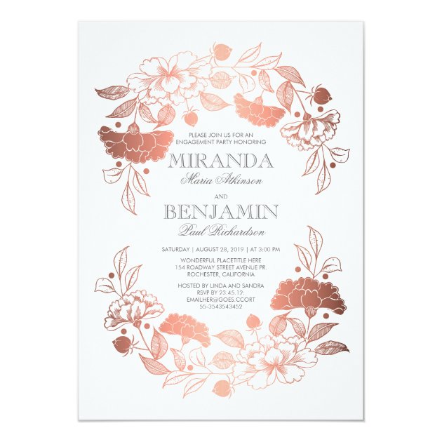 Rose Gold Floral Wreath Elegant Engagement Party Invitation