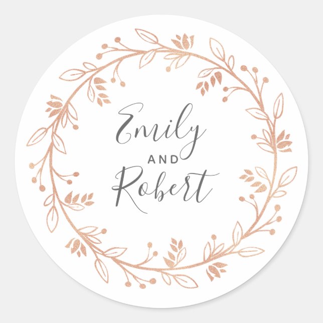 Rose Gold Floral Wreath Modern Wedding  Classic Round Sticker (Front)