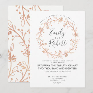 Rose Gold Floral Wreath Modern Wedding Invitation