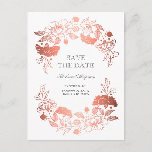 Rose Gold Floral Wreath | Peonies Save the Date Announcement Postcard - Rose gold and white peonies laurel save the date postcards