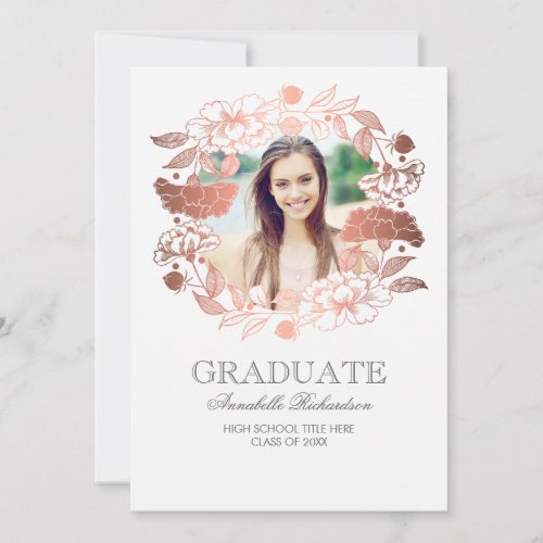 Rose Gold Floral Wreath Photo Frame Graduation Invitation - Rose gold and white floral wreath photo graduation party invitation and graduation announcement in one.