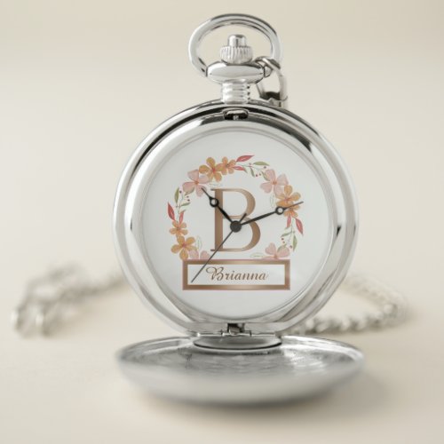 Rose Gold Floral Wreath With B Monogram And Name Pocket Watch