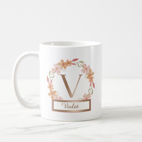 Rose Gold Floral Wreath With V Monogram And Name Coffee Mug