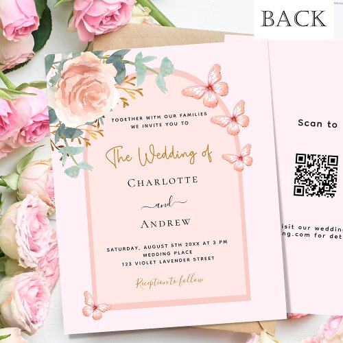 Rose gold florals arch QR RSVP budget wedding