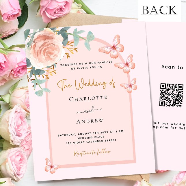 Rose gold florals arch QR RSVP budget wedding (Creator Uploaded)