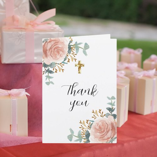 Rose gold florals eucalyptus cross photo baptism thank you card