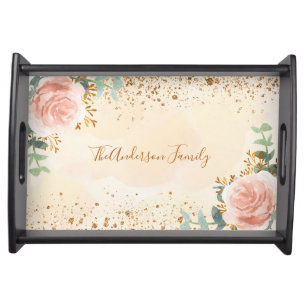 Rose gold florals eucalyptus gold glitter family serving tray