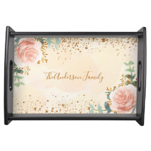 Rose gold florals eucalyptus gold glitter family  serving tray