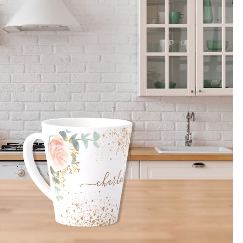 Rose gold florals eucalyptus gold glitter name latte mug