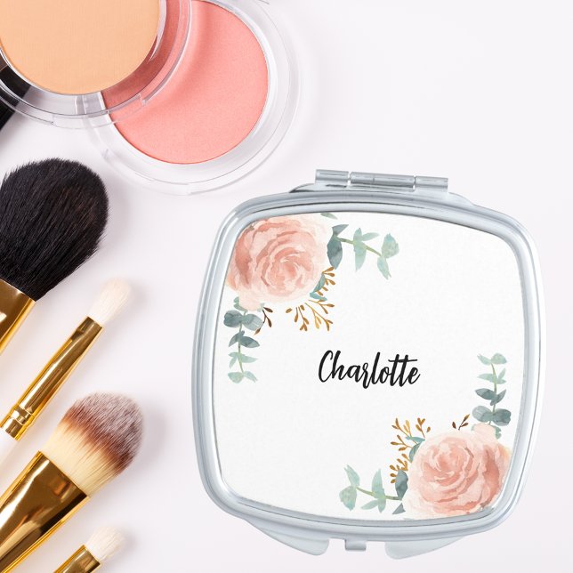 Rose gold florals eucalyptus greenery name compact mirror (Creator Uploaded)