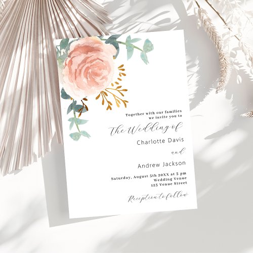 Rose gold florals eucalyptus greenery wedding invitation