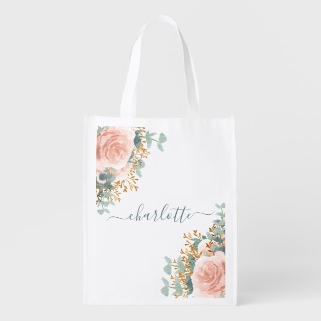 Rose gold florals eucalyptus monogram bridesmaid grocery bag (Front)