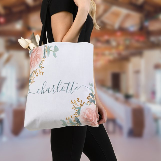 Rose gold florals eucalyptus monogram bridesmaid tote bag (Creator Uploaded)