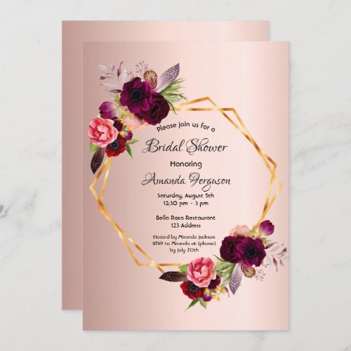 Rose gold florals geometric burgundy bridal shower invitation