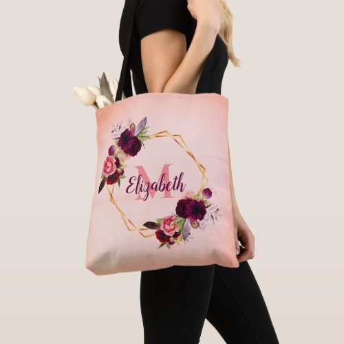 Rose gold florals geometric burgundy monogram tote bag