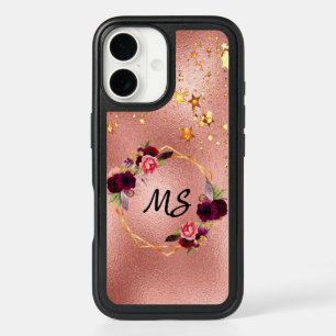 Rose gold florals gold stars monogram iPhone 16 case