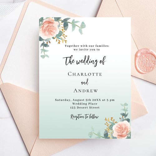 Rose gold florals green budget wedding invitation flyer