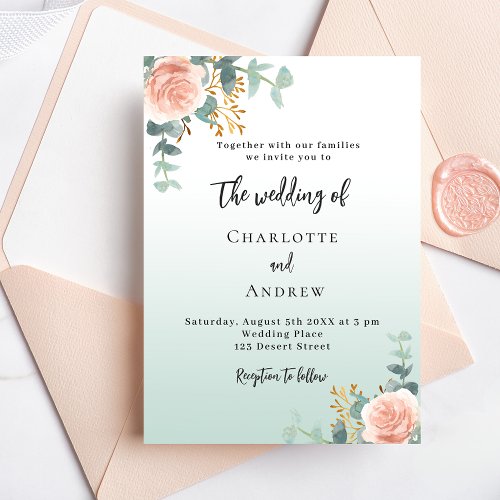 Rose gold florals green luxury wedding invitation