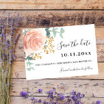 Rose gold florals greenery birthday Save the Date<br><div class="desc">White background decorated with a large rose gold and blush pink rose,  flower,  golden sprigs and eucalyptus greenery.  Personalize and add a date and name/age.  The text: Save the Date is written with a large trendy hand lettered style script.</div>