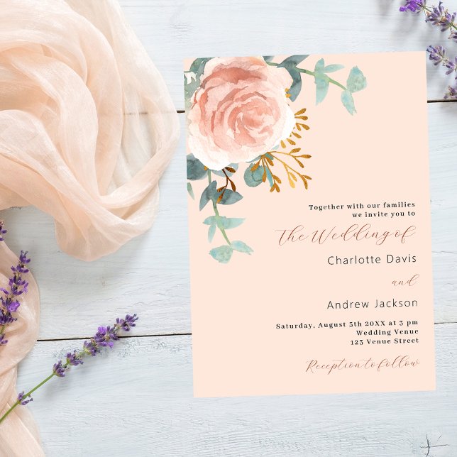 Rose gold florals greenery peach luxury wedding invitation (Creator Uploaded)