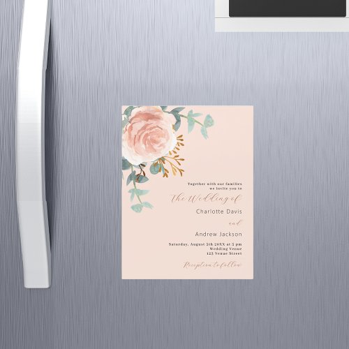 Rose gold florals greenery peach luxury wedding magnetic invitation