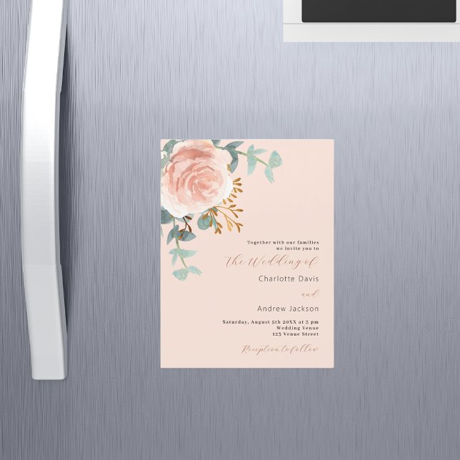 Rose gold florals greenery peach luxury wedding magnetic invitation (Creator Uploaded)