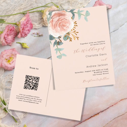 Rose gold florals greenery peach QR RSVP wedding Invitation Postcard