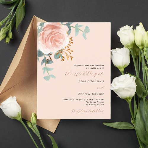Rose gold florals greenery peach wedding invitation postcard