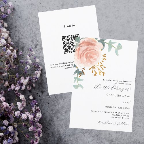 Rose gold florals greenery QR code RSVP wedding Invitation