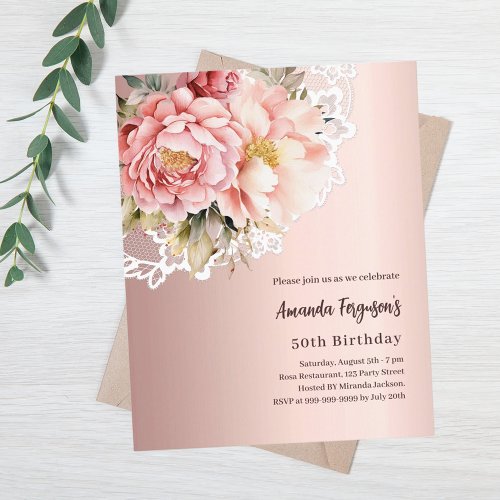 Rose gold florals lace 50th birthday invitation