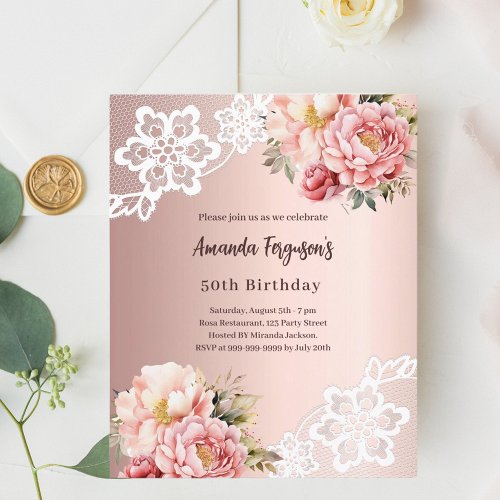 Rose gold florals lace 50th birthday invitation