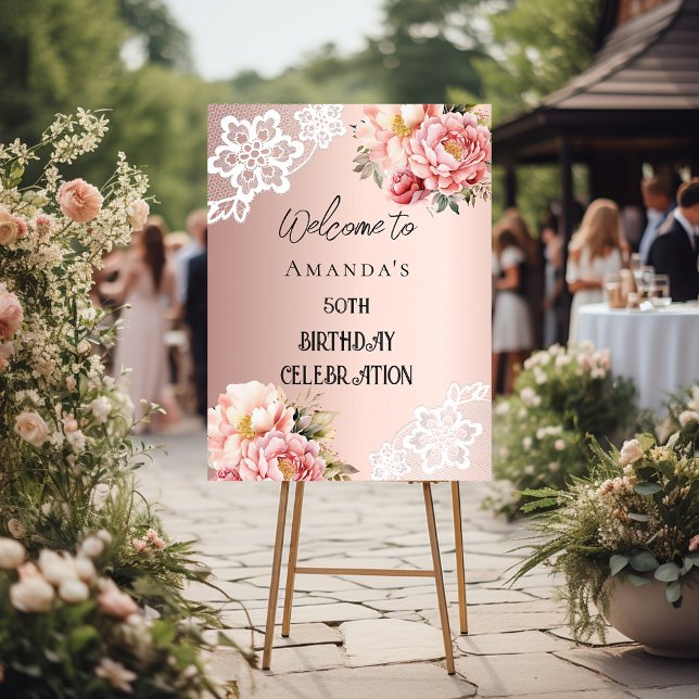 Rose gold florals lace birthday welcome sign (Creator Uploaded)