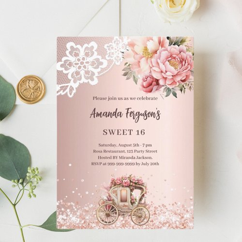 Rose gold florals lace carriage Sweet 16 Invitation