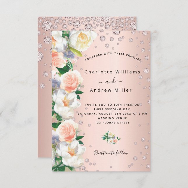 Rose gold florals pink diamonds wedding invitation (Front/Back)
