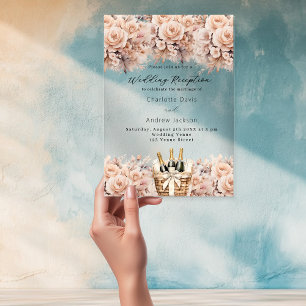 Rose gold florals sparkling wine wedding reception acrylic invitations