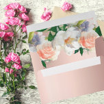 Rose gold florals white envelope<br><div class="desc">An envelope for wedding invitations, save the dates and thank you cards and summer party invitation. On front, outside: A romantic rose gold faux metallic background. Inside: Rose gold faux metallic looking background and large lush roses, flowers in white, coal and peach. Back: template for name(s) and address. Black text....</div>