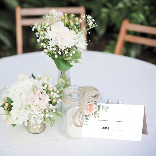 Rose gold florals white eucalyptus wedding place card