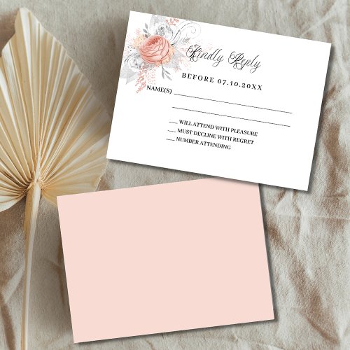 Rose gold florals white wedding response RSVP Note Card