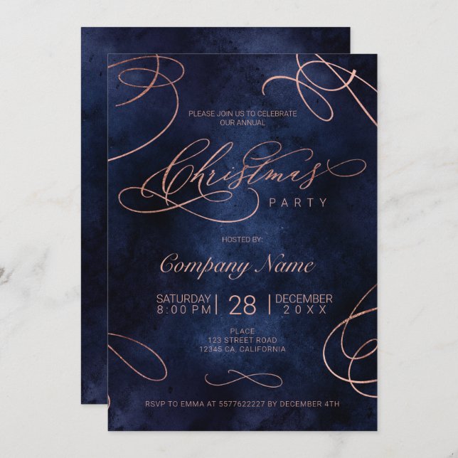 Rose gold flourish script navy Christmas corporate Invitation (Front/Back)
