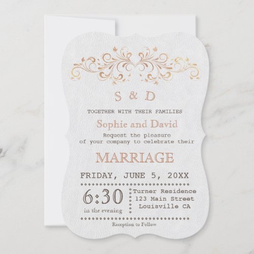 Rose Gold Flourish Swirl White Wedding Invite