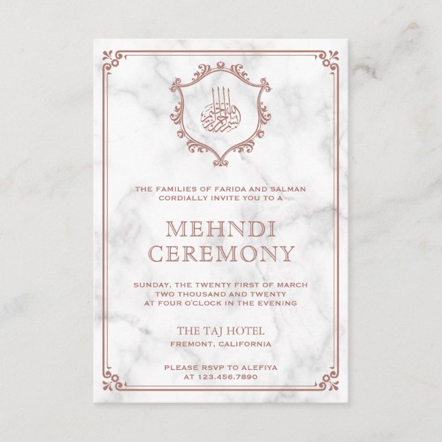 Rose Gold Flourish White Marble Islamic Mehndi Enclosure Card (Front)