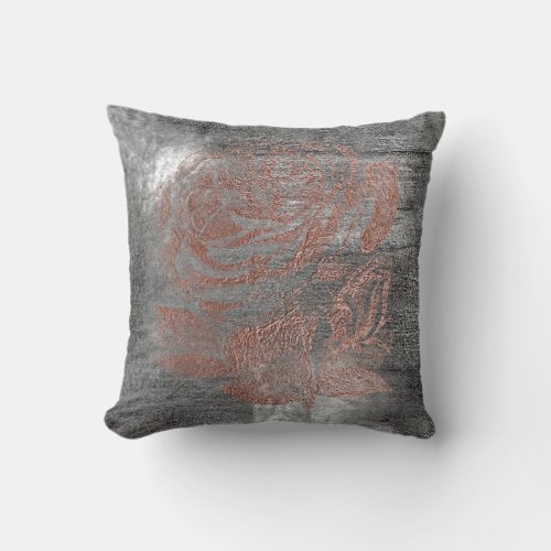 Rose Gold Flower Gray Grungy Metallic Silver Wall Throw Pillow