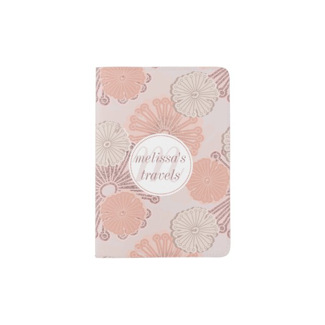 Rose Gold Flower Pattern & Monogram Passport Holder (Front)