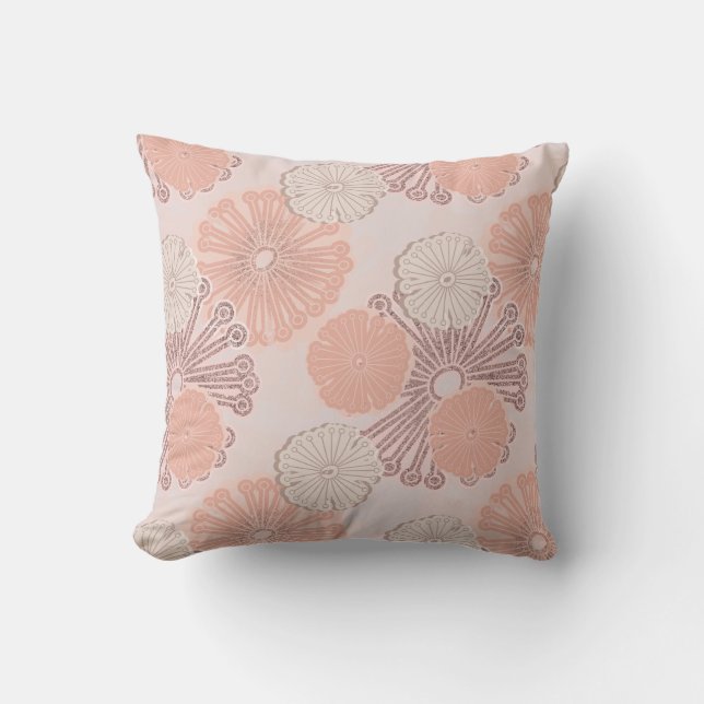 Rose Gold Flower Pattern & Monogram Throw Pillow (Front)
