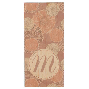 Rose Gold Flower Pattern & Monogram Wood Flash Drive
